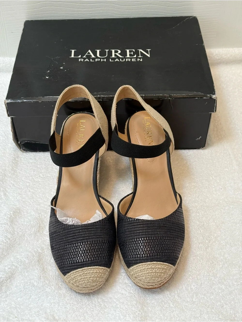 Ralph Lauren Black and Natural Espadrille Wedge Sandals with Ankle Strap